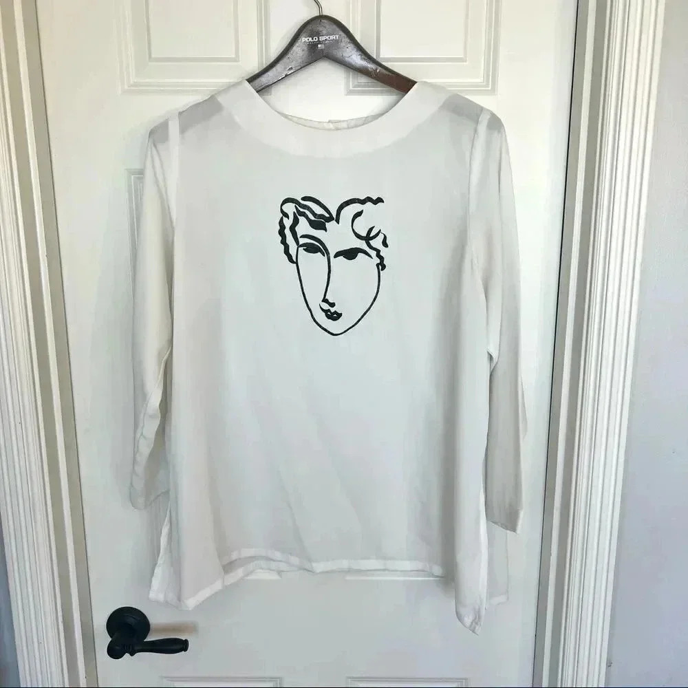 𝅺Rare Henri Matisse white vintage embroidered blouse Picasso, size L-XL‎